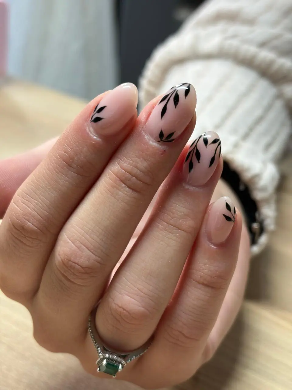 Black botanical nail art