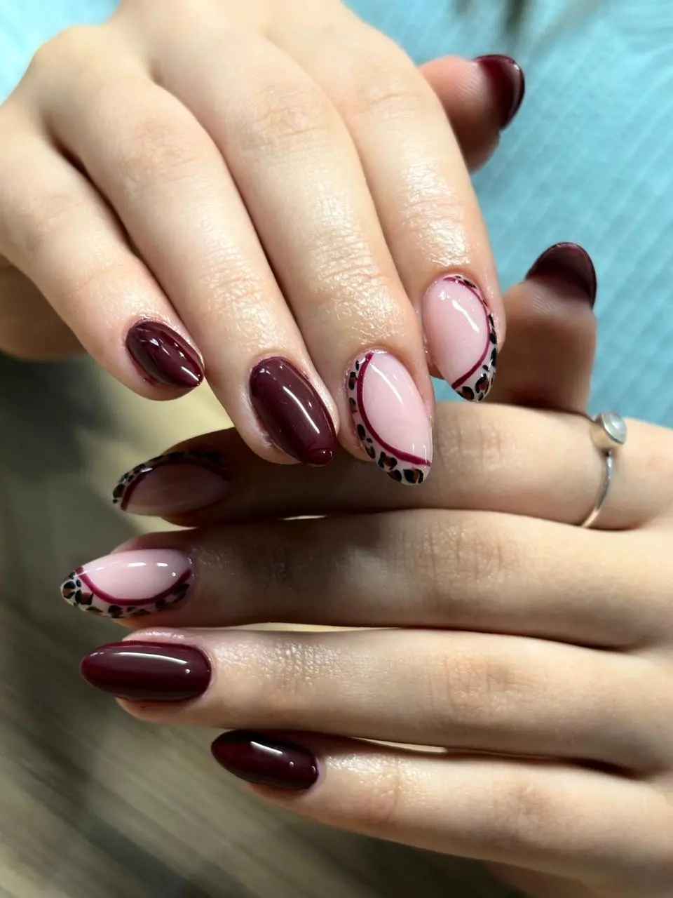 Burgundy leopard French nail art