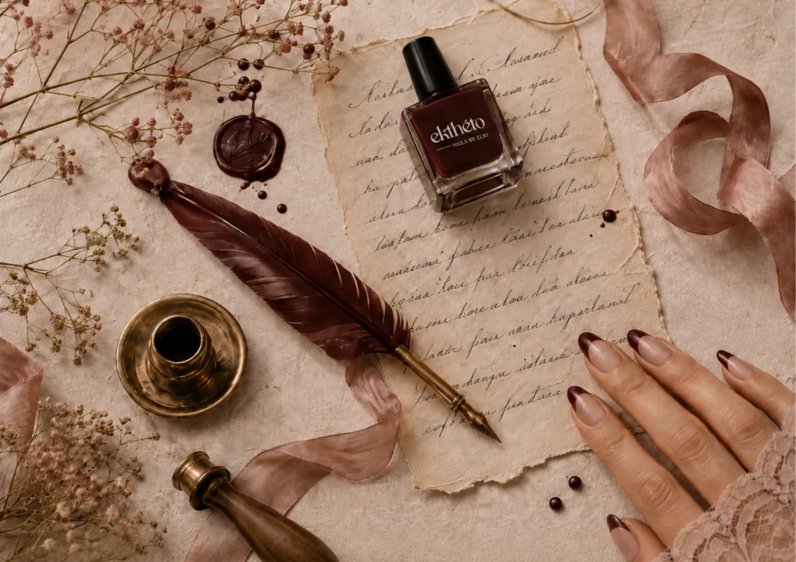 Ekthéto editorial scene with burgundy polish and pressed flowers