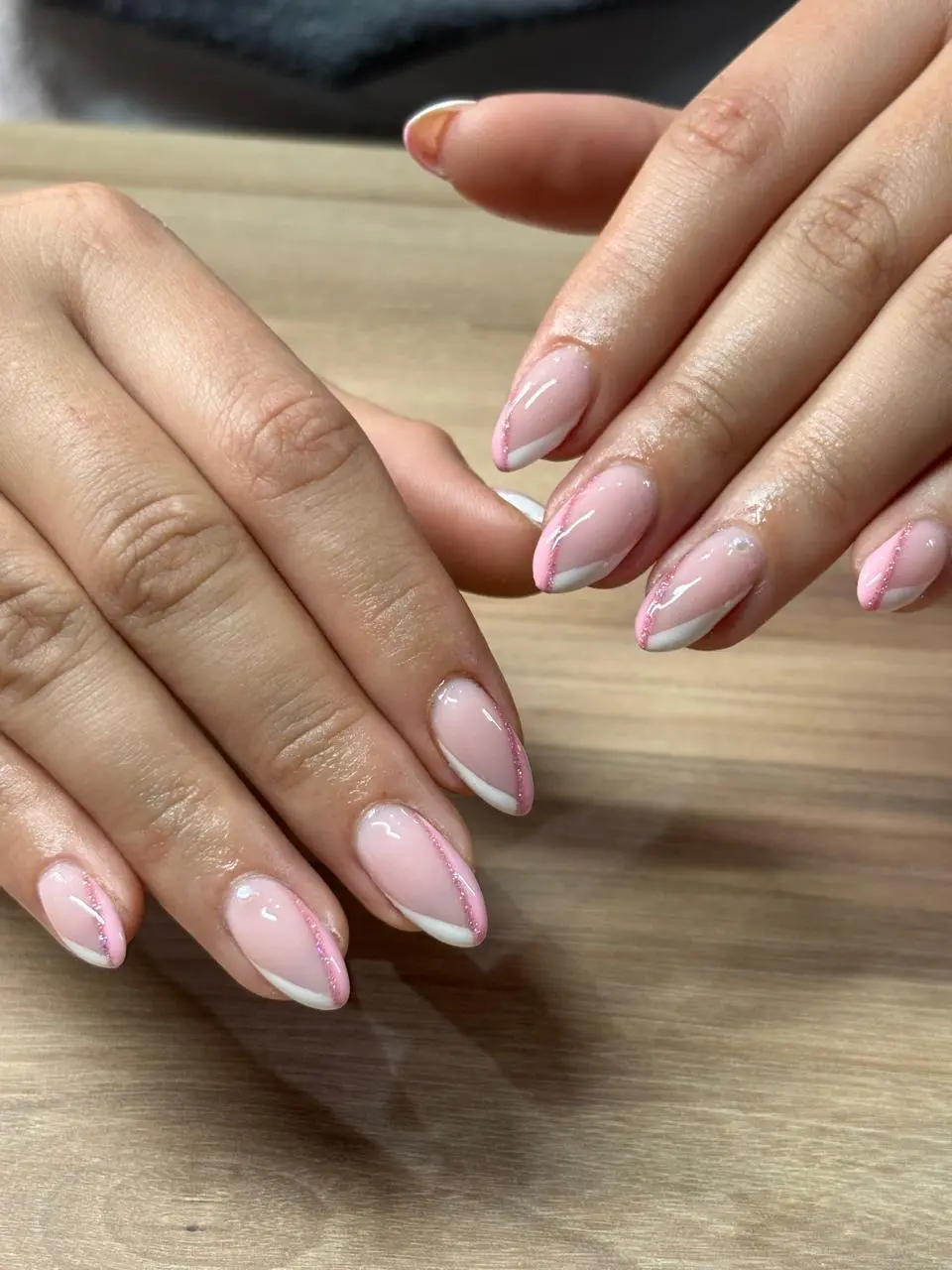 Pink and white angled French manicure