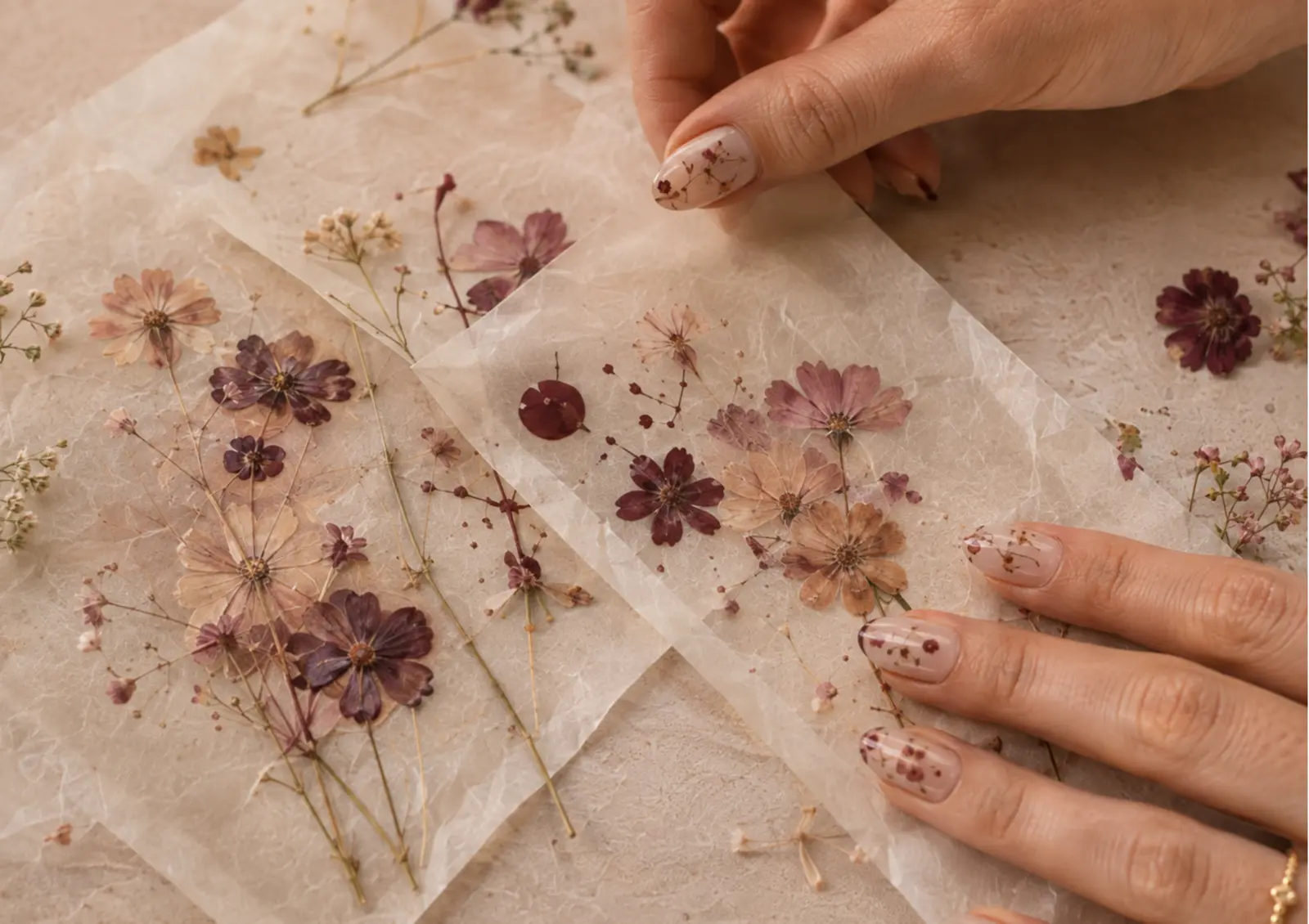 Pressed flowers with a detailed neutral manicure