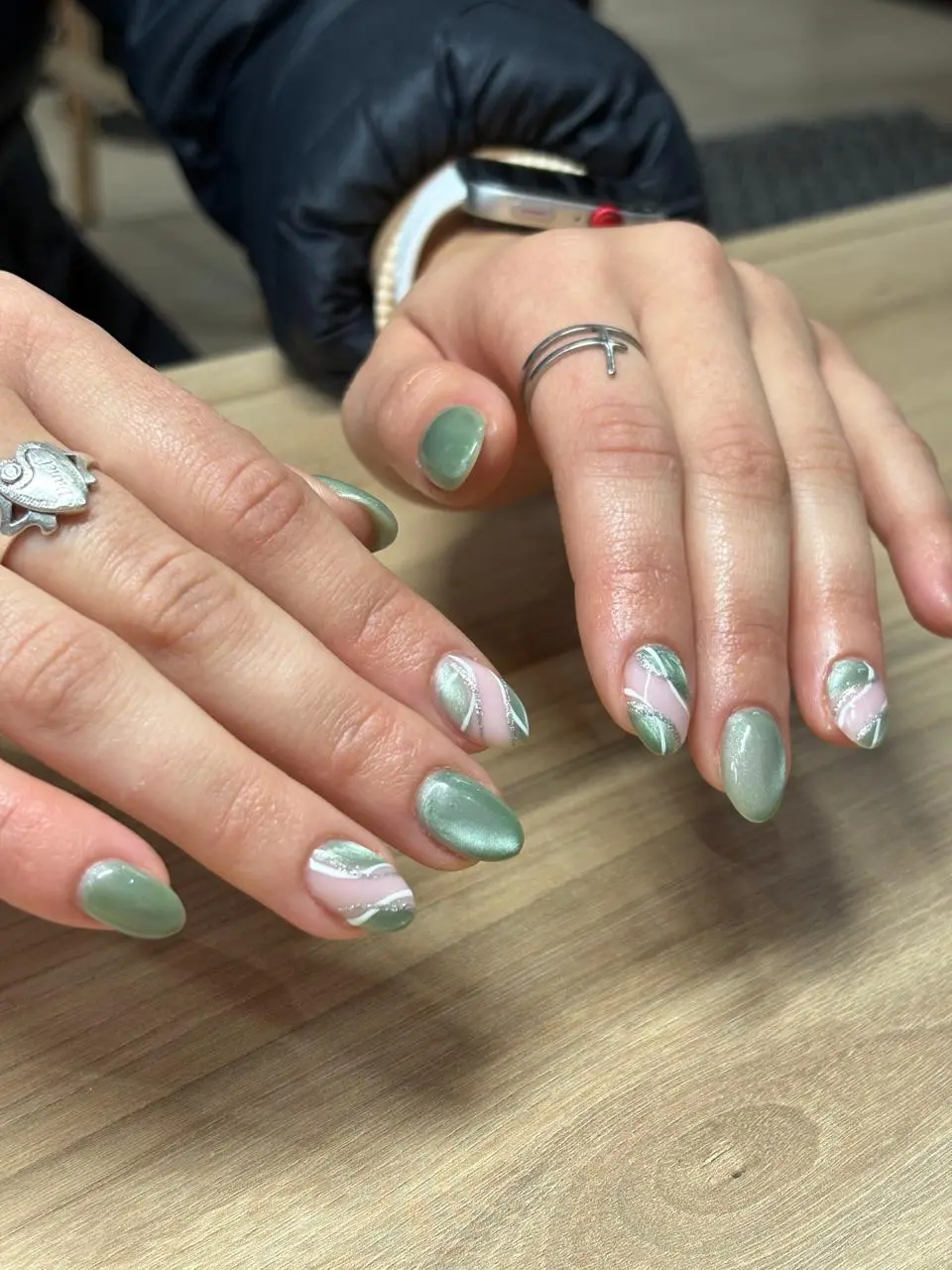 Sage and pink swirl nail art