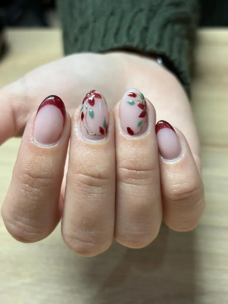 Burgundy botanical vine nail art